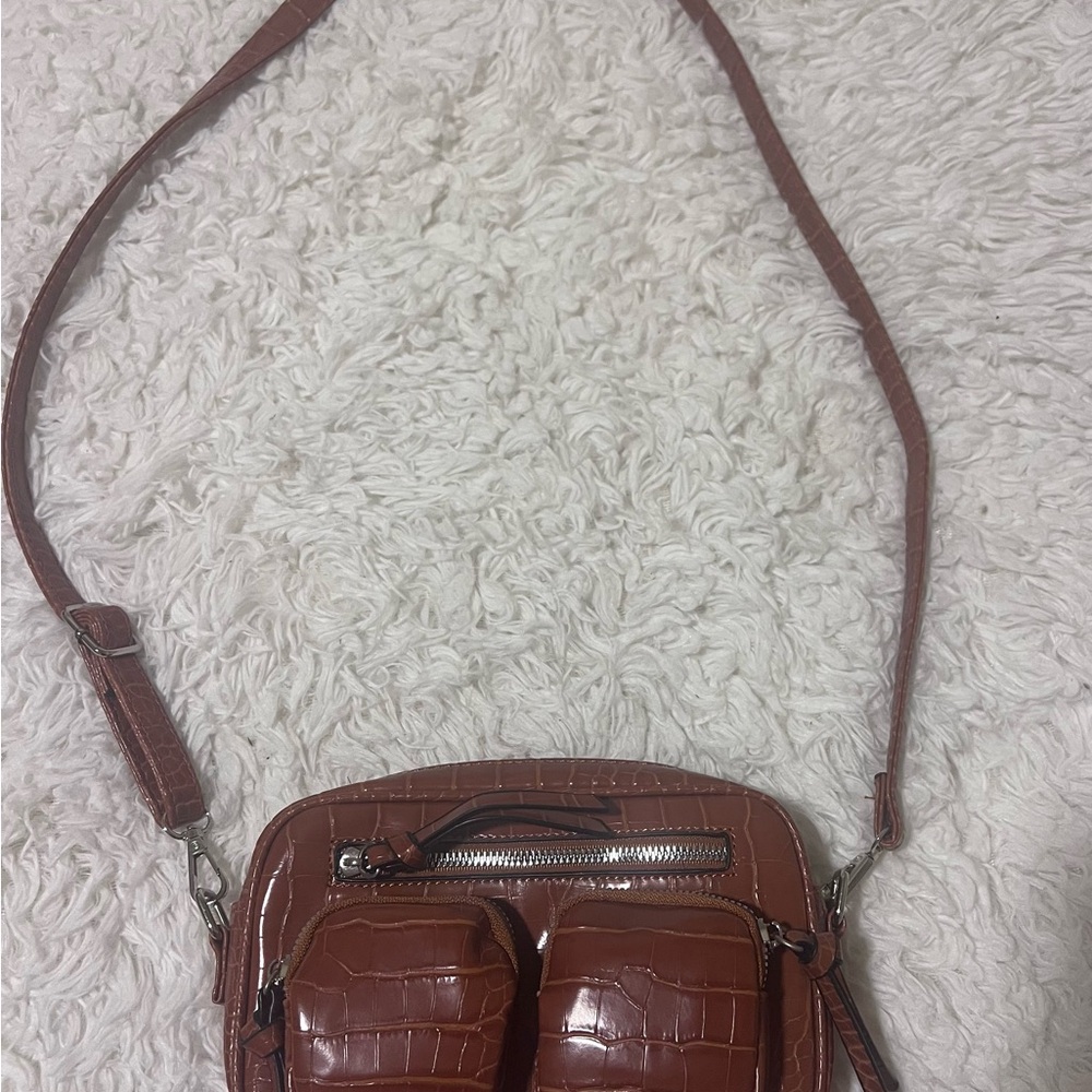 Brown Croc-Embossed Crossbody Bag